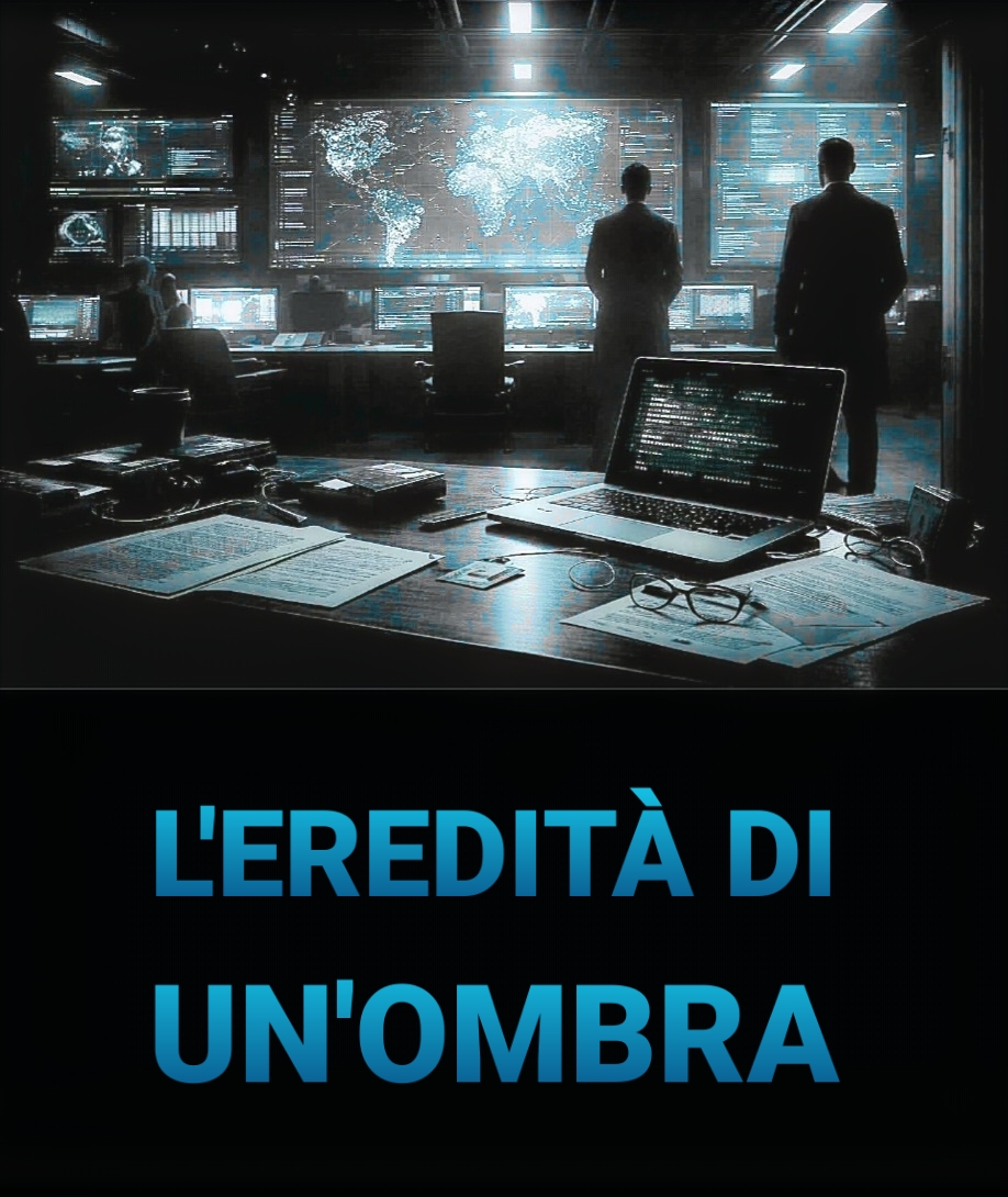 Sala di controllo operativo. In primo piano una scrivania con un laptop aperto che mostra del codice, occhiali da vista e documenti. Sullo sfondo, due uomini in giacca e cravatta osservano di spalle grandi monitor a parete che visualizzano una mappa del mondo luminosa e flussi di dati informatici.