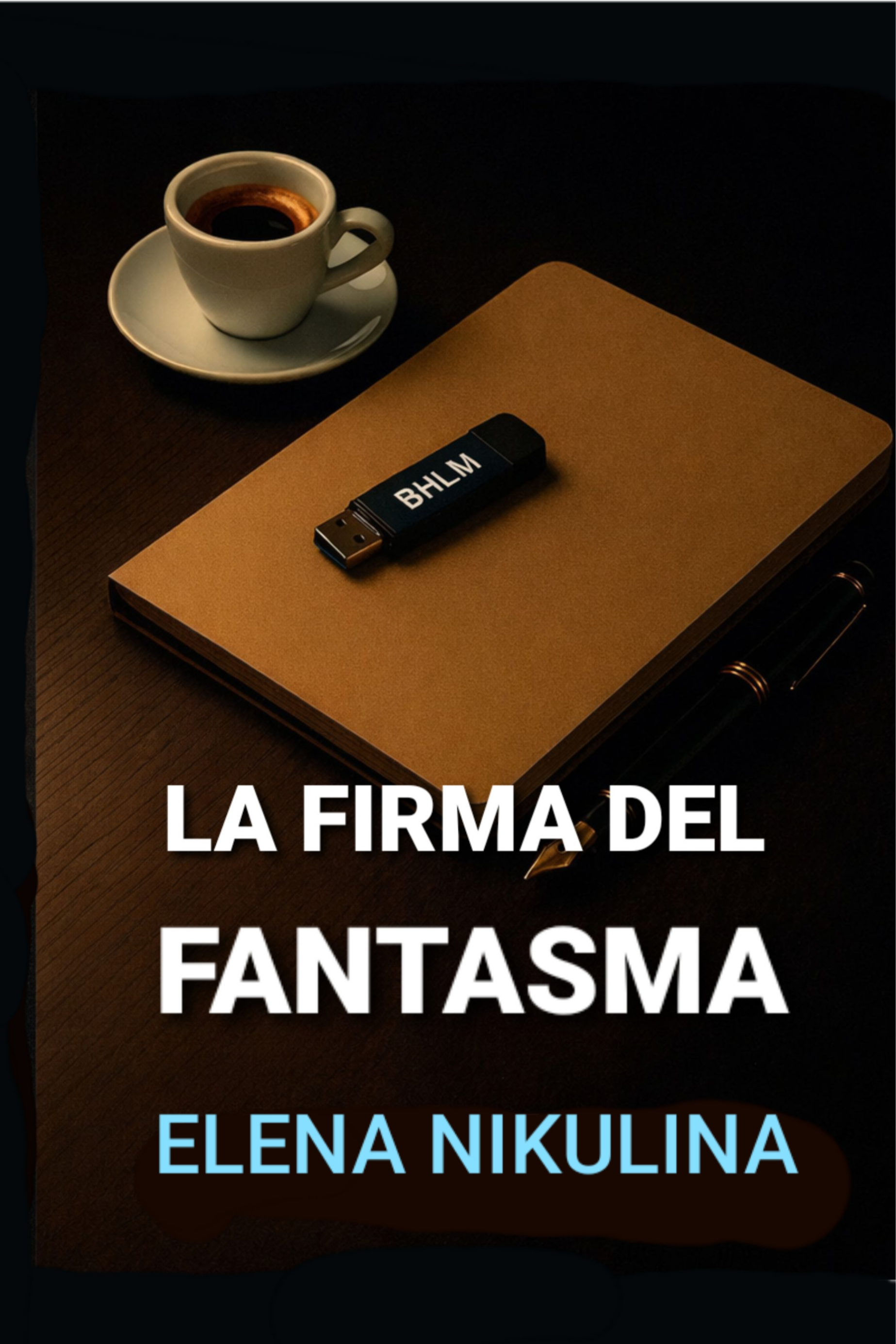 Inquadratura dall'alto con tazzina di caffè espresso, cartella cartacea color avana, chiavetta USB nera con scritta BHLM e una penna stilografica su un piano di una scrivania scura, al buio.